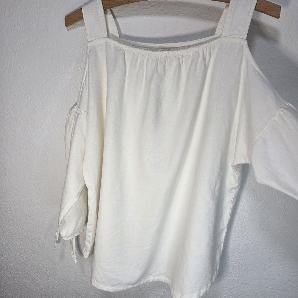 Madewell Top Blouse XS Women's Indigo Cold Shoulder 3/4 Sleeve White 100% Cotton - Picture 4 of 15